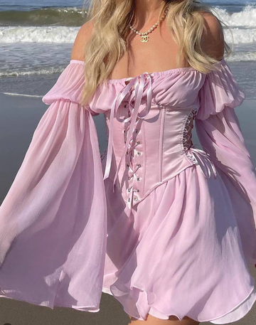 Pink A Line Long Sleeve Chiffon Satin Short Homecoming Dress Outfits HZ1023